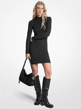 Michael Kors Black Ribbed Long-Sleeve Turtleneck Dress